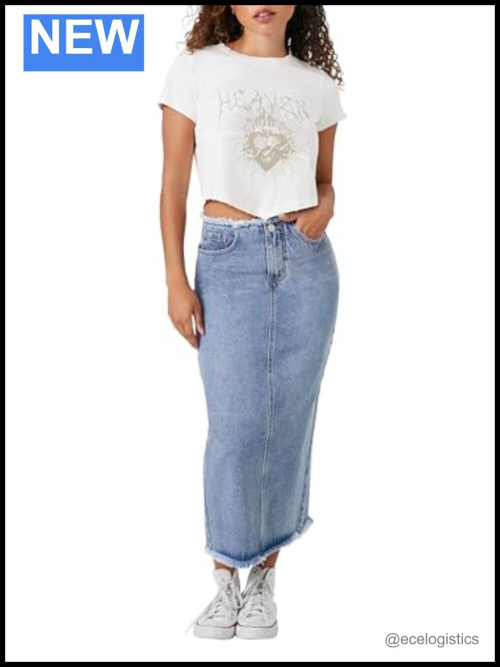 Frayed Denim Maxi Skirt Five-Pocket Column Silhouette Raw Edge